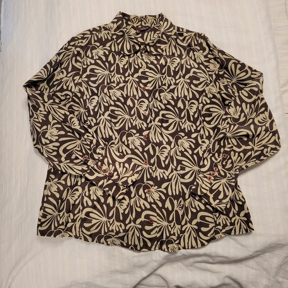 Cassis Long Sleeve Brown & Tan Leaf Patterned Silk Blend Blouse Size XL
